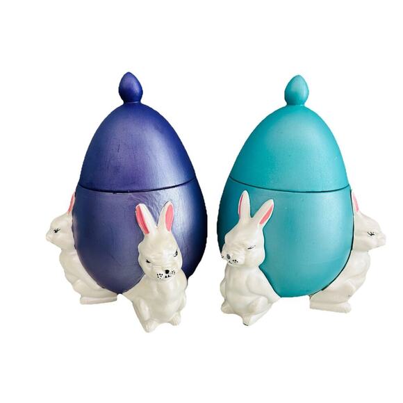 (2) 1960s Ceramic Easter Egg Candy Jar Hand Painted Bunnies Rabbits Purple Teal - Picture 1 of 16